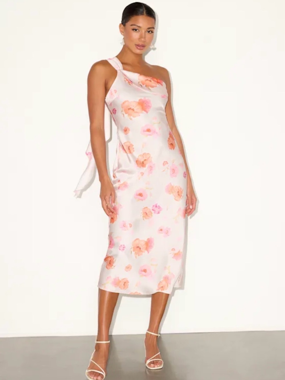 Lulu's One-Shoulder Floral Satin Midi Dress in Pink and Peach